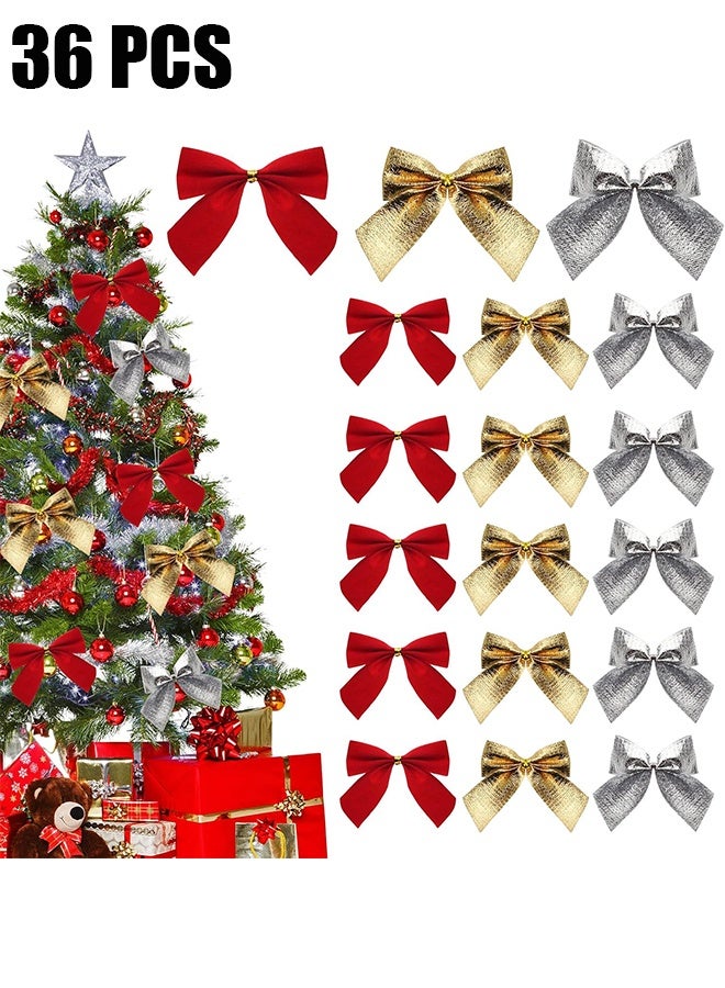 Ba Love 36 Pcs Christmas Bow Decorations for Christmas Tree, Wreaths Bows, Xmas Decorative Bows Ornaments for Home Christmas Party, Christmas Glitter Tiny Bows for DIY Crafts Ornaments (Red, Gold, Sliver) - Image 1